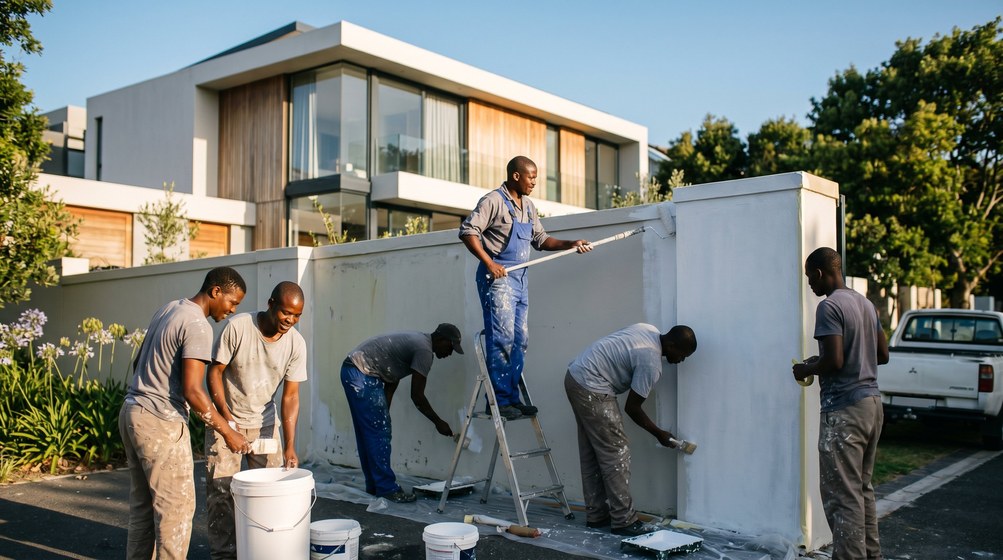 Professional team painting a boundary wall at a modern home in Stellenbosch