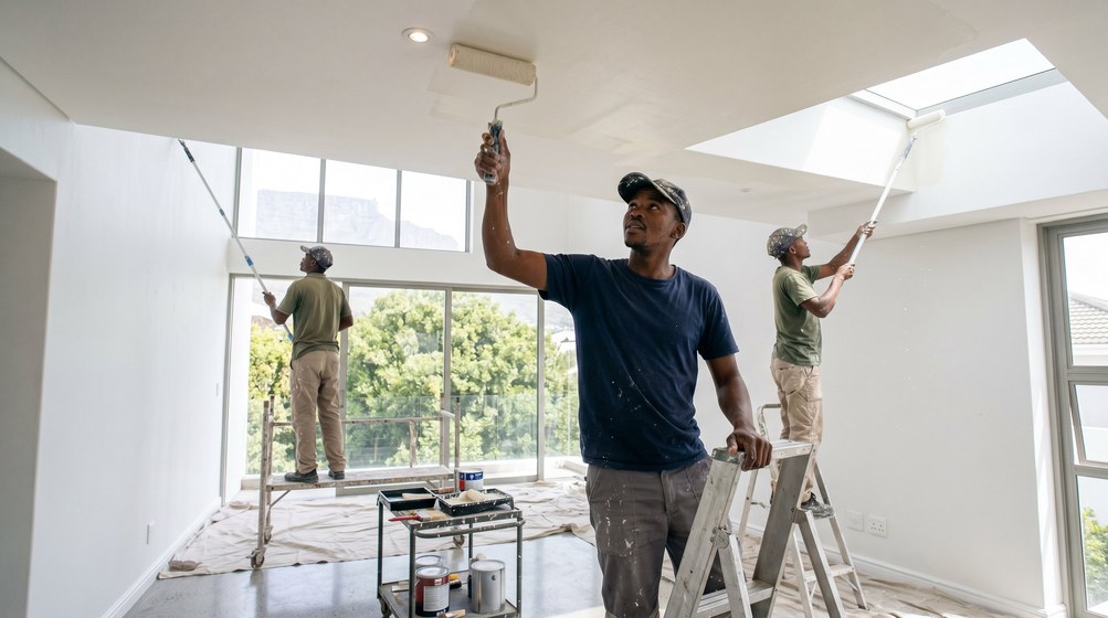 Professional ceiling painters rolling white paint onto a high ceiling in Stellenbosch