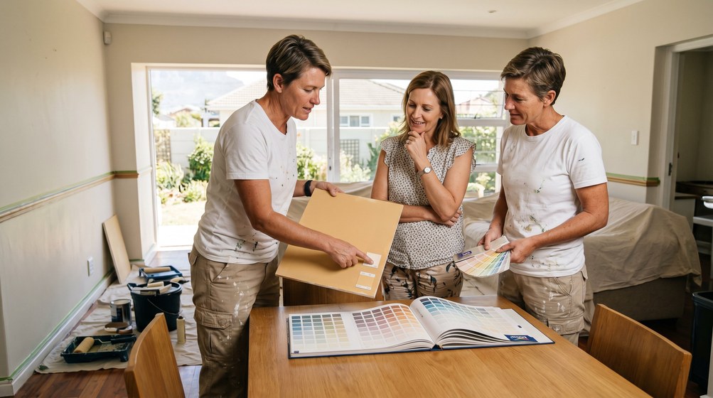 Professional colour consultant showing paint swatches to a homeowner in Stellenbosch