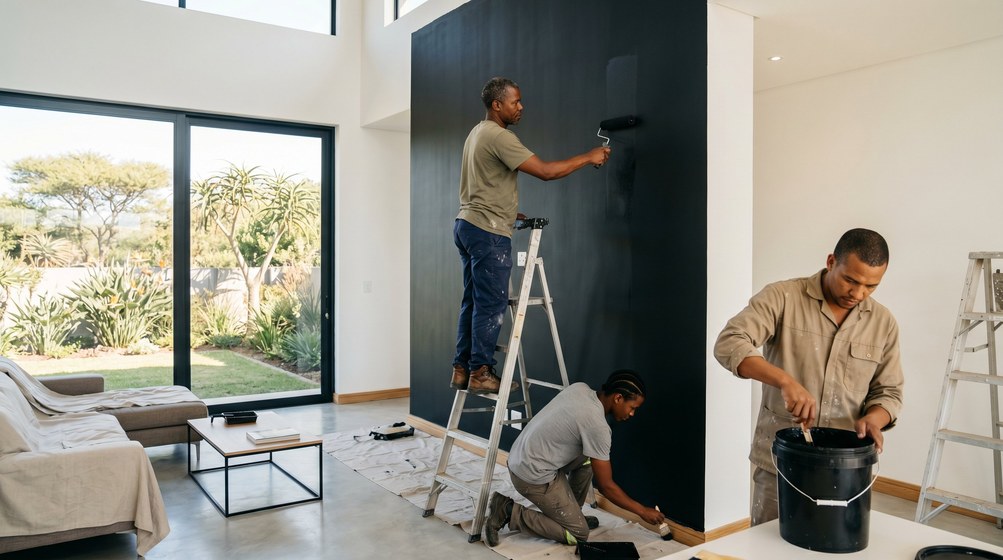 Professional painters creating a bold black feature wall in a modern Stellenbosch home