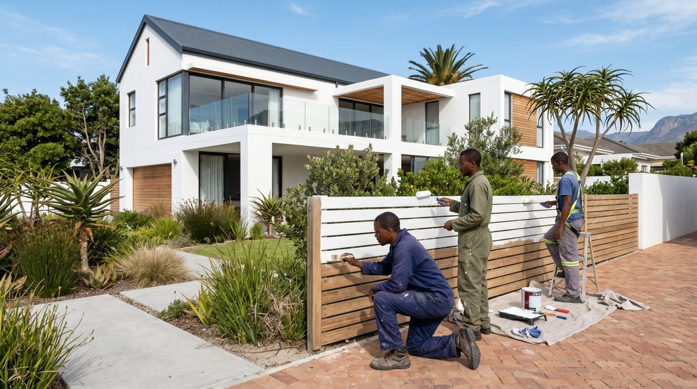 Professional fence painters painting a wooden fence at a coastal home in Stellenbosch