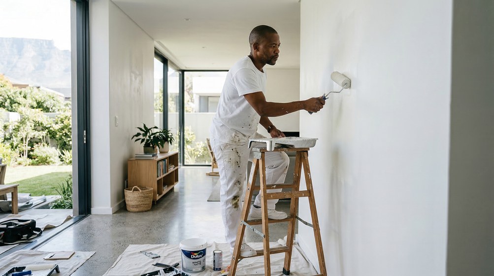 Professional interior painter in Stellenbosch painting walls with a roller