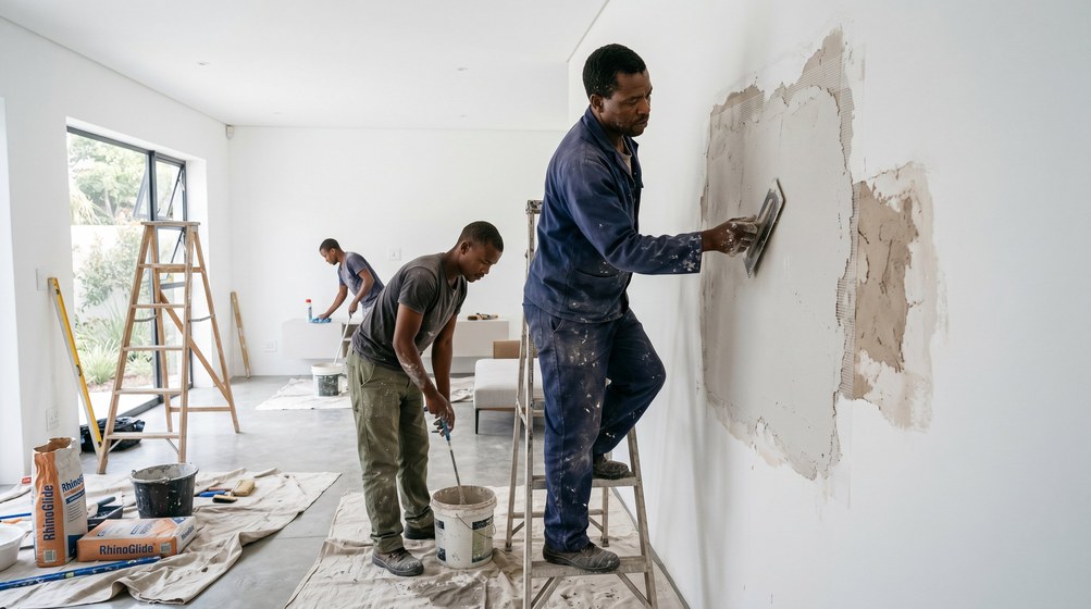 Professional plaster repair team skim coating damaged walls in Stellenbosch