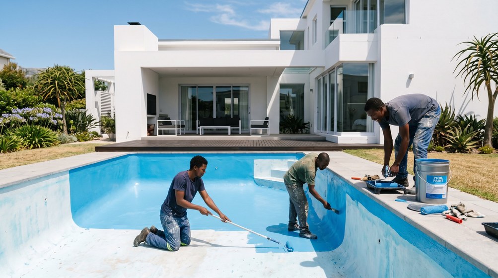 Professional pool painters applying blue pool paint to a swimming pool in Stellenbosch