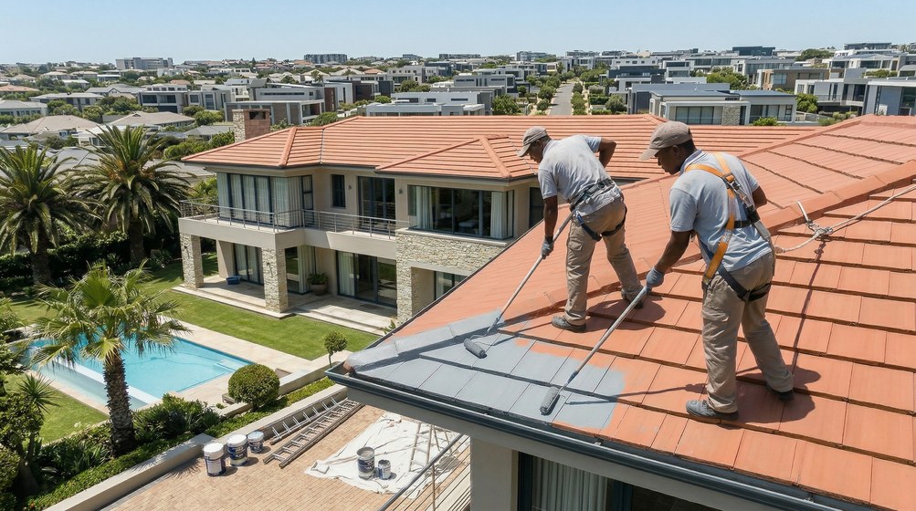 Professional roof painters applying waterproof coating to tiled roof in Stellenbosch