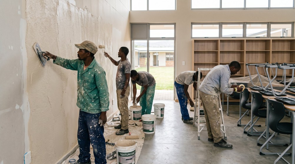 Professional texture coating team applying Texturcoat to interior walls in Stellenbosch