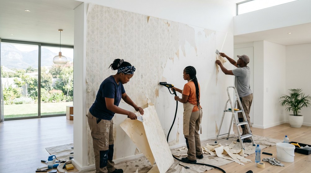 Professional wallpaper removal team stripping old wallpaper in a Stellenbosch home