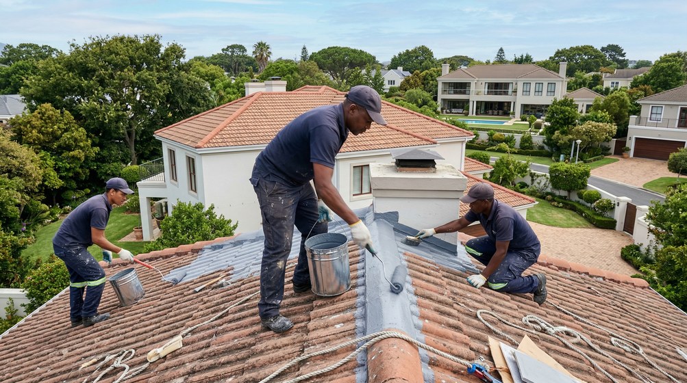 Professional waterproofing team applying membrane to roof in Stellenbosch