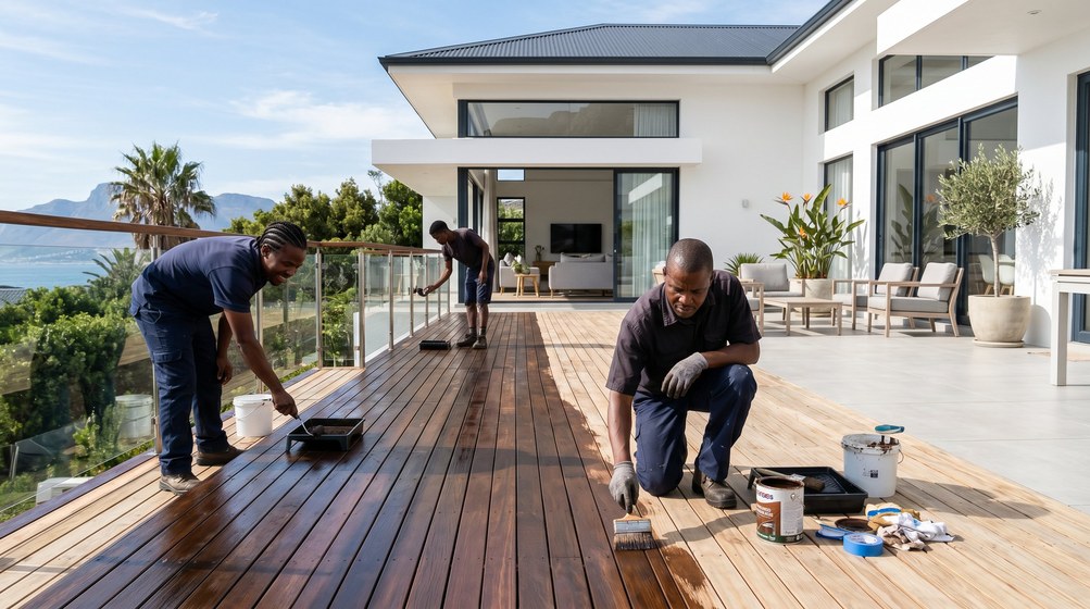 Professional wood staining team applying deck stain overlooking the ocean in Stellenbosch